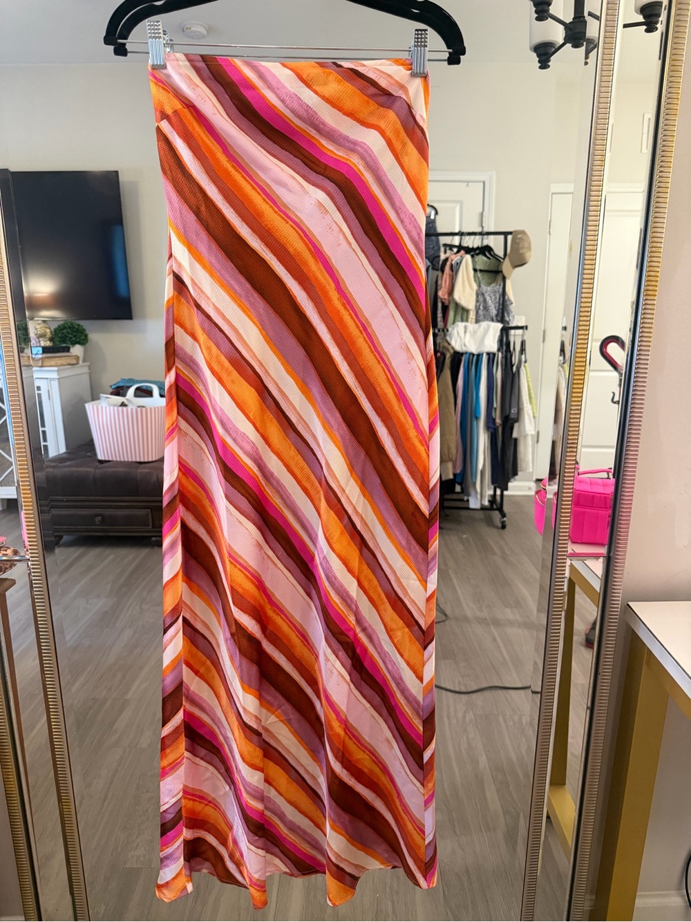 back cutout, strapless Striped Maxi Dress - Pink, Orange & Brown